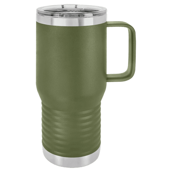 Stainless steel insulated travel tumbler with handle, powder coated finish, perfect for hot or cold.