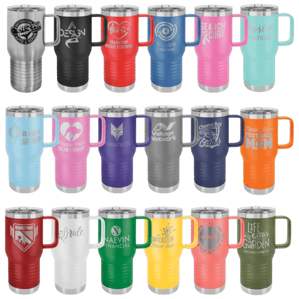 Custom 20 Oz stainless steel insulated tumbler with handle, powder coated finish. Perfect for travel.