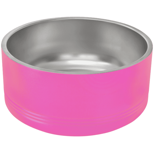 Insulated stainless steel pet bowl, 64 oz capacity, pink exterior, durable design.