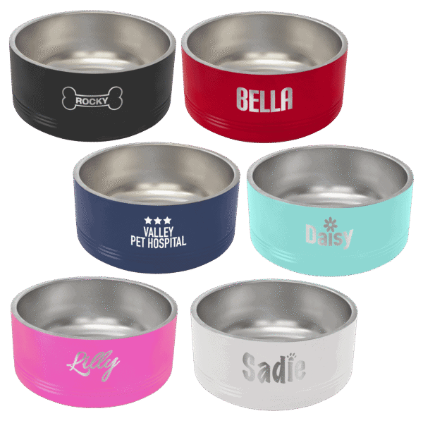 Insulated stainless steel pet bowl with customizable designs for pets.