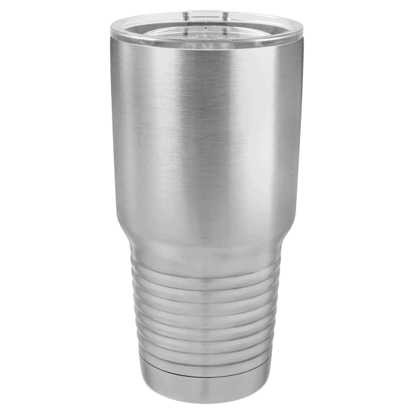 Custom laser engraved metal tumbler with metallic finish, perfect for personalized gifts or branding.