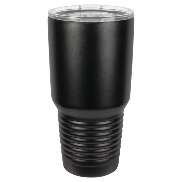 Durable black insulated tumbler with clear lid, perfect for drinks on the go.