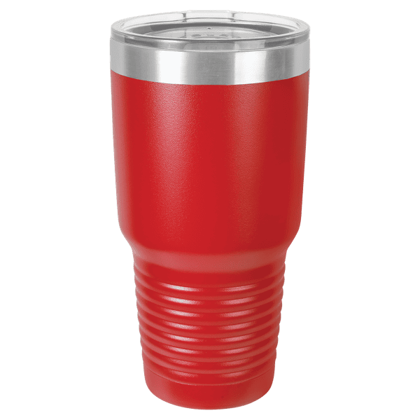 High-quality red stainless steel travel mug with laser-engraved design for personalized gifts.