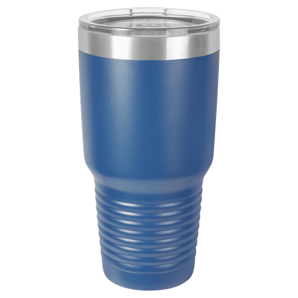 Custom engraved steel tumbler with blue finish, double-wall insulation, and clear lid.