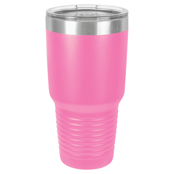 Personalized pink insulated tumbler with stainless steel lid, perfect for custom laser engraved gifts.