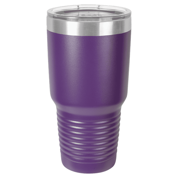 Custom laser engraved purple travel mug with stainless steel accents, perfect for personalized gifts.