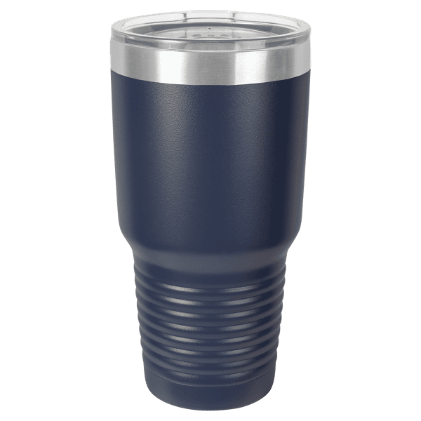 Custom engraved stainless steel tumbler with a sleek blue finish and transparent lid. Perfect for personalized gifts or promotional branding.