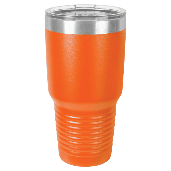 Custom engraved orange travel mug with stainless steel lid, perfect for sipping on the go.
