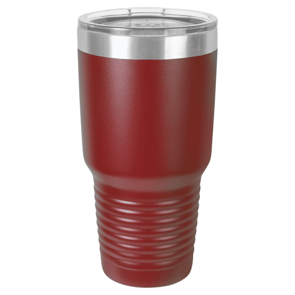 Custom laser engraved red travel mug with stainless steel accents, perfect for hot or cold beverages.