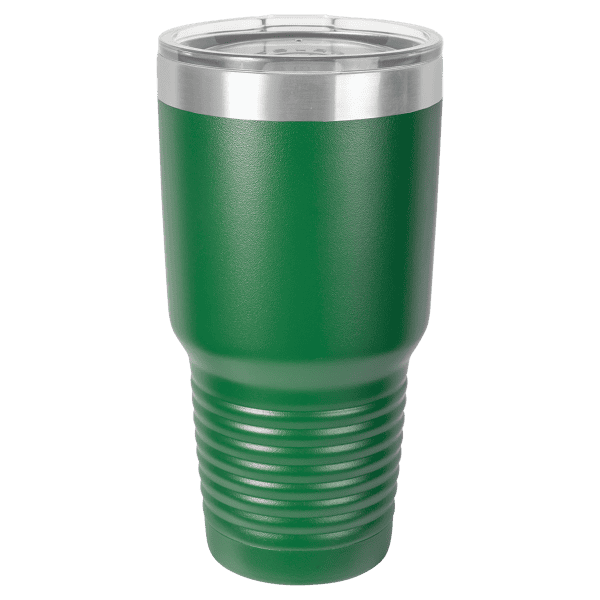 Custom engraved metallic tumbler with green finish, perfect for personalized gifts and promotional items.