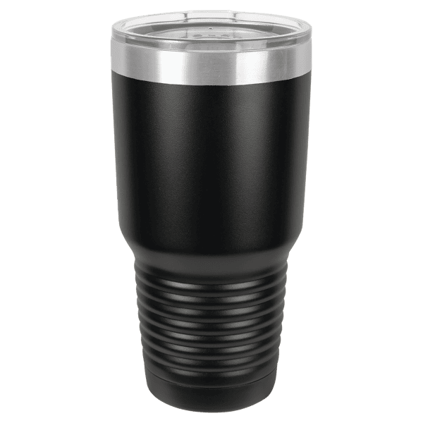 Custom laser engraved travel mug, black stainless steel tumbler with clear lid.