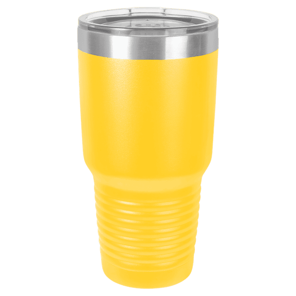 Custom engraved yellow insulated tumbler with metallic lid.