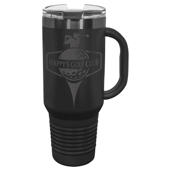 Custom engraved black travel mug with golf logo and handle.