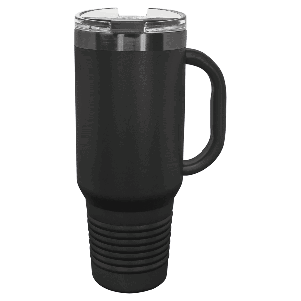 Black 40 oz. travel mug with handle, straw, and laser-engraved design.