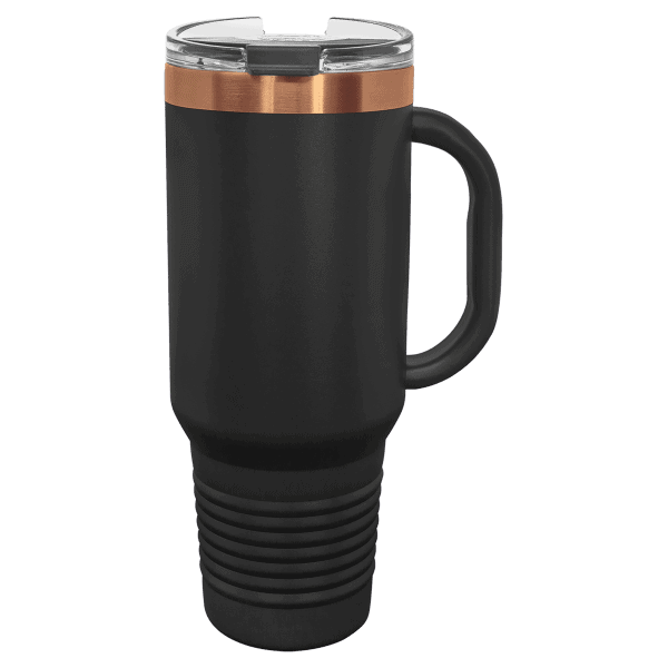 Engraved 40oz tumbler with handle and straw, copper-ion finish, perfect for personalized gifts.
