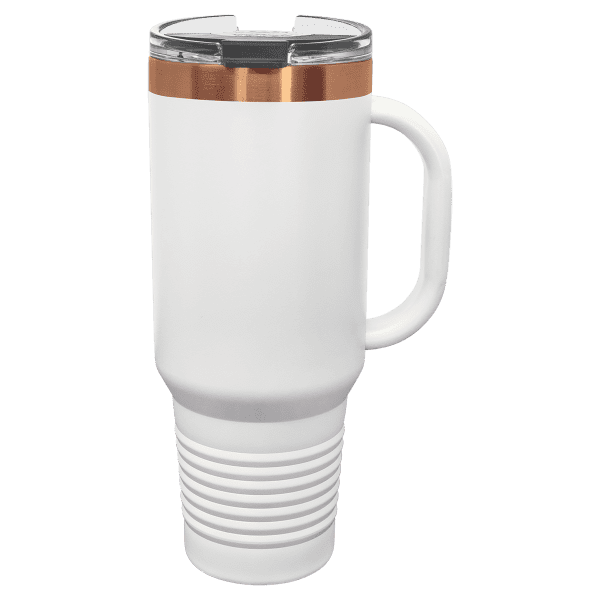 Engraved 40oz tumbler with handle and straw, copper-ion finish for personalized use.