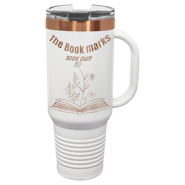 Engraved 40oz tumbler with handle, straw, and copper-ion finish for personalized use.