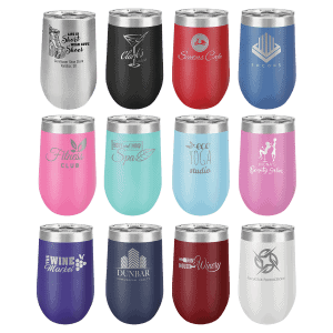 Personalized engraved tumblers with various logos and designs for business branding, gifts, and promotional events.