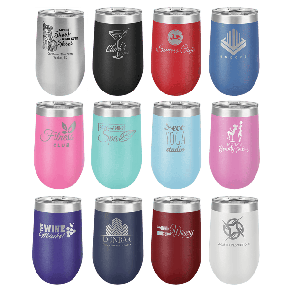 Personalized engraved tumblers with various logos and designs for business branding, gifts, and promotional events.