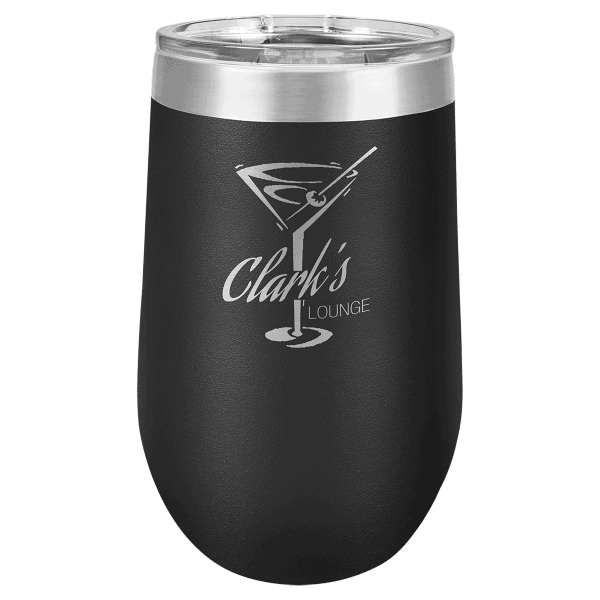 Stylish black insulated wine tumbler with personalized laser-engraved Clark's Lounge logo, perfect for bar accessories.