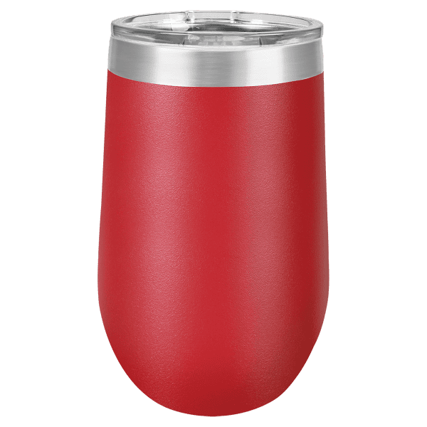 Laser engraved custom red tumbler with metallic accents for personalized gifts and promotions.