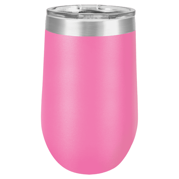 Custom engraved pink stainless steel tumbler with innovative laser etched design.