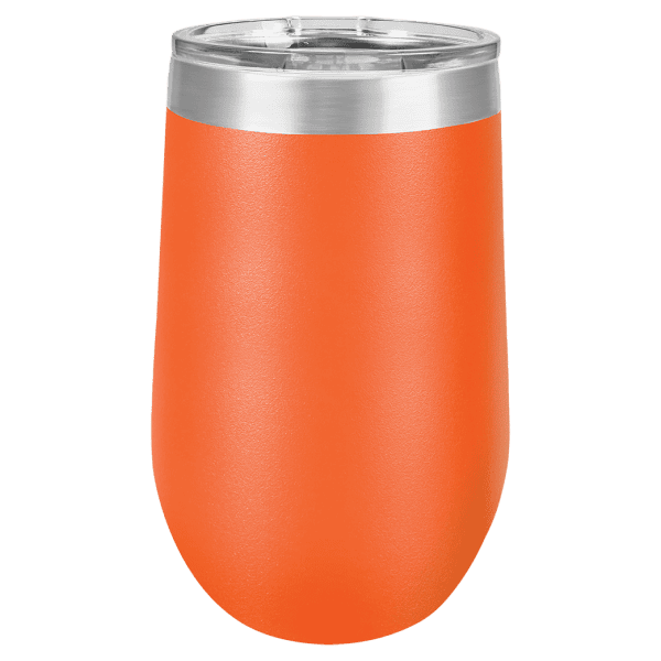 Custom engraved stainless steel tumbler with orange finish, ideal for hot and cold beverages.