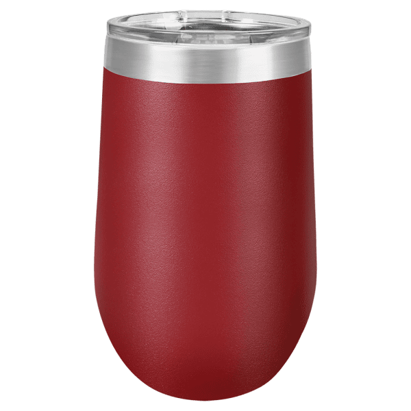 Red stainless steel insulated wine tumbler with personalized laser design.