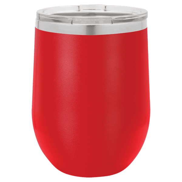 Personalized red tumbler cup with custom laser engraving, perfect for gifts or promotional products.
