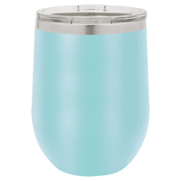 Laser engraved insulated tumbler in light blue, perfect for personalized drinkware.