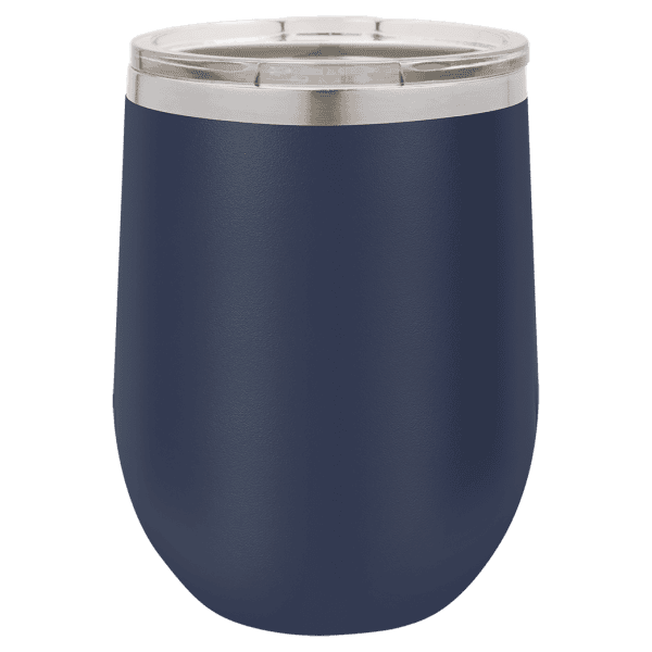 Personalized navy blue wine tumbler with stainless steel lid, suitable for custom laser engraving.