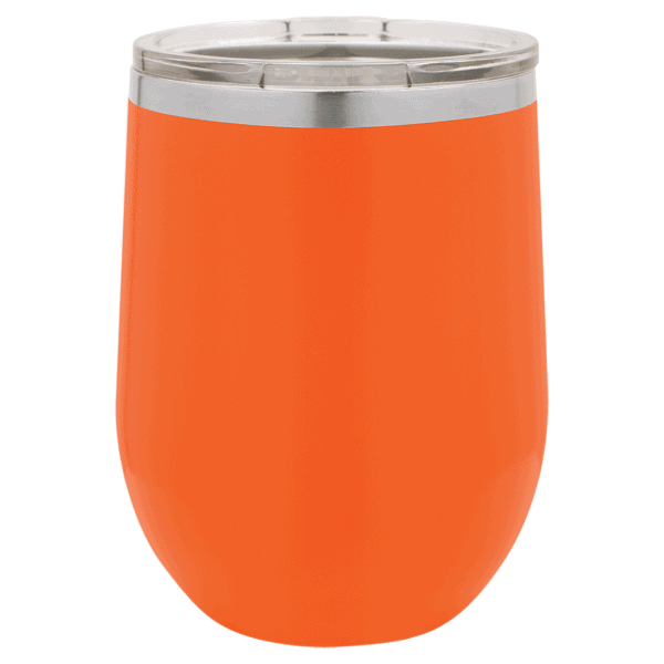 Custom laser engraved orange tumbler for drinks, coffee, or personalized gifts by FMB Laser Designs.