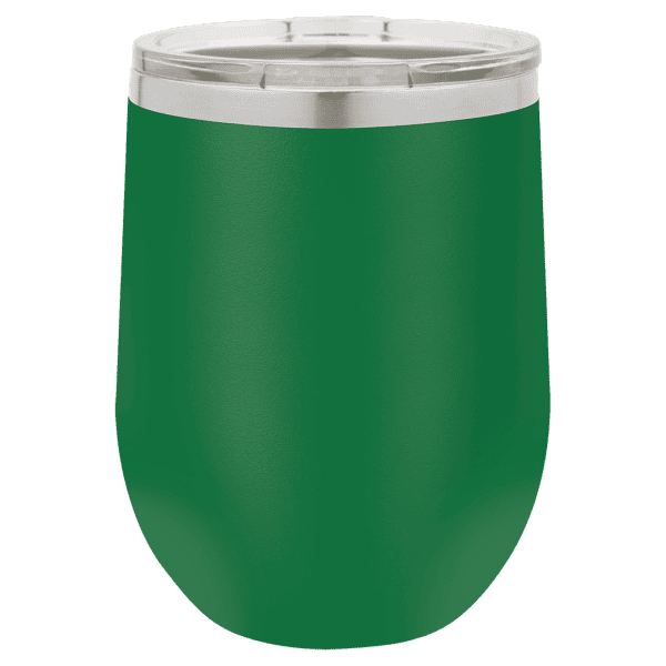 Personalized engraved green drink tumbler with custom design for gifts or personal use. Perfect for hot or cold beverages.