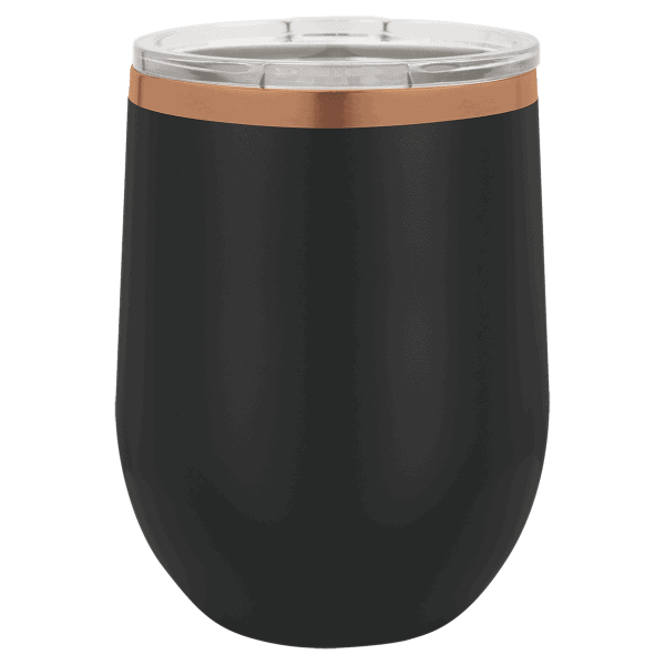 Custom engraved coffee tumbler with sleek black body and rose gold accents. Perfect for personalized drinkware.