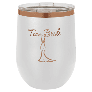 Personalized wedding wine tumbler featuring 'Team Bride' text and stylish gown graphic, perfect for bridal parties.