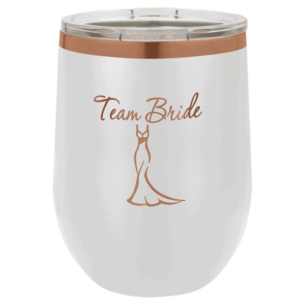 Personalized wedding wine tumbler featuring 'Team Bride' text and stylish gown graphic, perfect for bridal parties.