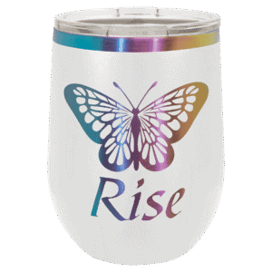 Holographic butterfly design on insulated tumbler, perfect for personalized glassware gifts.