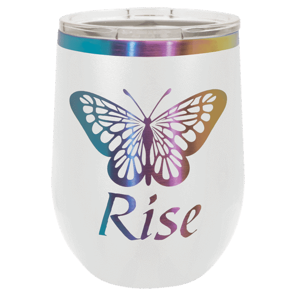 Holographic butterfly design on insulated tumbler, perfect for personalized glassware gifts.