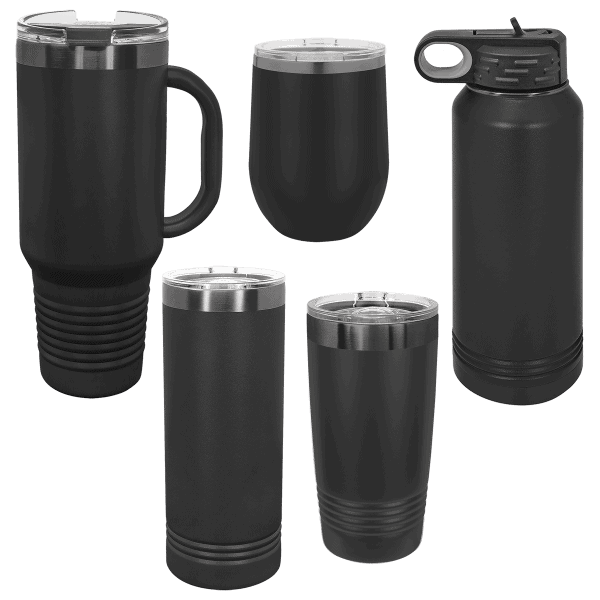 Custom engraved black travel mugs and bottles for unique personalized gifts and promotional items.