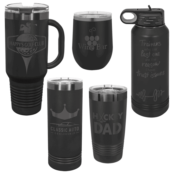 Custom engraved metal travel mugs for drinks. Perfect for golf, auto, and sports gifts.