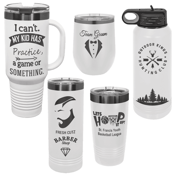 Personalized water bottles and cups with unique logos and designs.