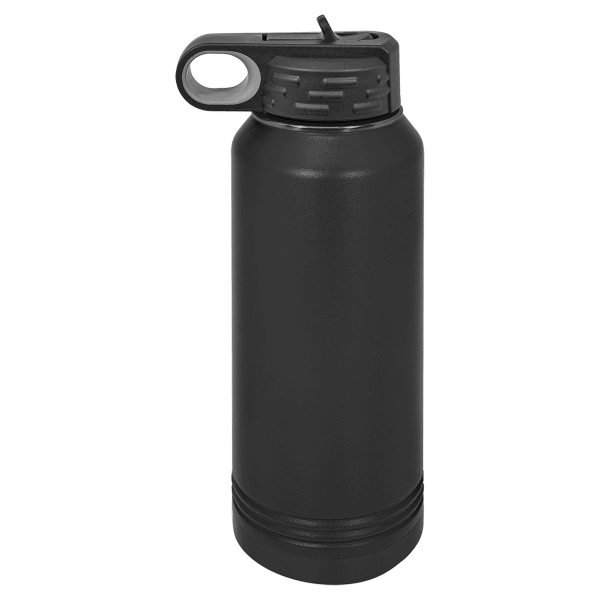 Reusable black stainless steel water bottle with leak-proof lid. Insulated for hot and cold drinks.