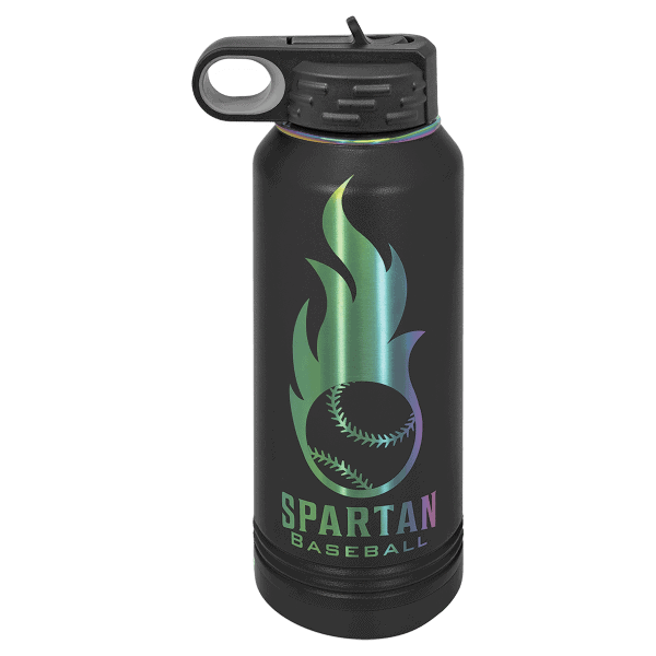 Holographic Spartan Baseball logo on black stainless steel water bottle. Custom sports gear, perfect for athletes and fans.