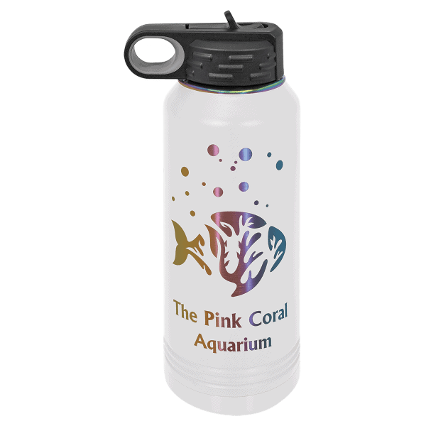 Customizable water bottle featuring a colorful coral reef and fish design, ideal for marine enthusiasts and aquarium branding.