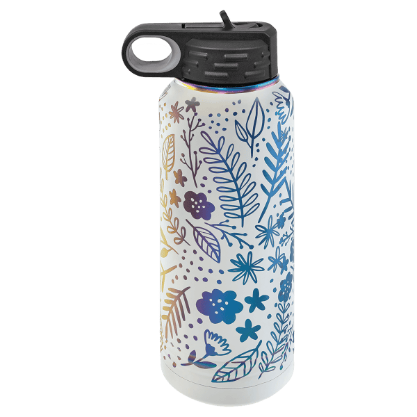 Holographic floral design on a white water bottle, perfect for personalized gifts or branding.