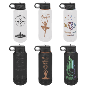 Personalized engraved water bottles with custom logos and artwork for sports, fitness, and corporate branding.