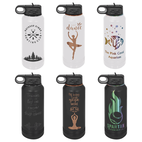 Personalized engraved water bottles with custom logos and artwork for sports, fitness, and corporate branding.
