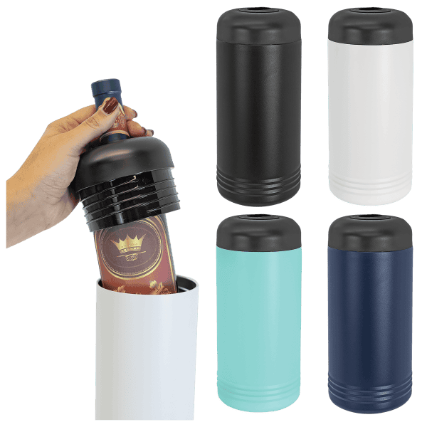 Insulated stainless steel wine chiller with customizable engraving.