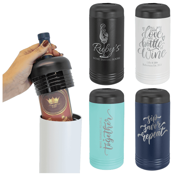 Custom engraved stainless steel wine bottle chiller with vacuum insulation.