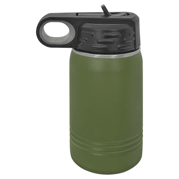 Durable green insulated water bottle with black lid, leak-proof design, ideal for outdoor activities.